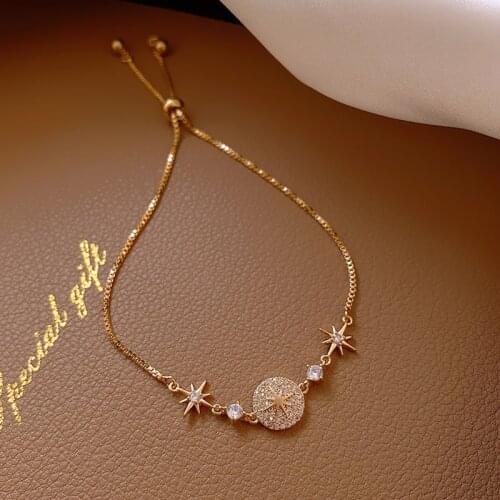 Korean Sweet Bling Bling Rhinestone Six-pointed Star Charm Bracelet for Women Girls Gold Color Metal Crystal Chain Bracelets