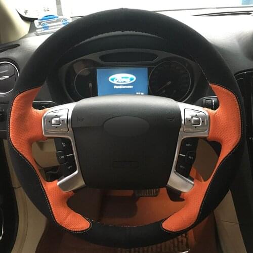Black Suede Orange Leather Car Steering Wheel Covers For Ford Mondeo Mk4 2007-2012 S-Max 2008