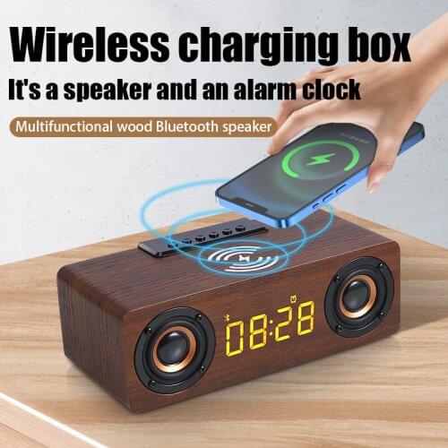 Wood Bluetooth Speaker Alarm Clock Wireless Charger Speaker Multi-function Subwoofer for Computer Speakers AUX