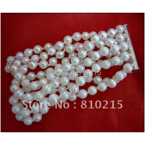 Elegant! 5Rows AA 6-7MM White Color Genuine Freshwater Pearl Bracelet 7.5inch Fashion Pearl Jewelry Wholesale New Free Shipping