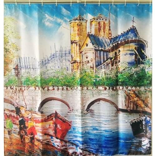 European canvasoil painting pattern town church view shower curtain oil painting scenery 180*180 cm