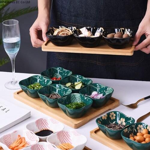 Ceramic Snack Platter Wooden Base Living Room Fruit Plate Vinegar Dish Candy Box Side Dish Dish Plant Flower Dried Fruit Plate