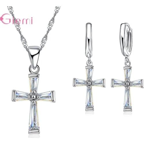 Exquisite Fashion Pendant Necklace Drop Earrings 925 Sterling Silver Jewelry Sets Fantastic Cross Shape Crystal Women Gifts