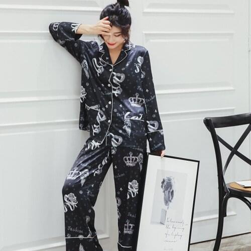 Female 2PCS Chiffon Pajamas Set Black Print Nightwear Casual Turn-down Collar Shirt&Pant Sleepwear Spring Autumn New Home Wear