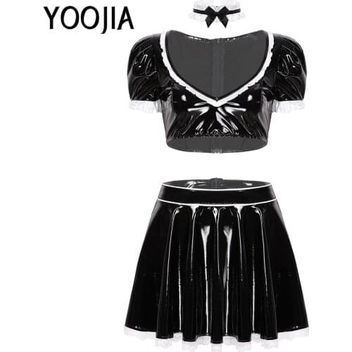 Womens Adult Maid Cosplay Costume Patent Leather WetLook V-Neck Puff Sleeve Top Ruffled High Rise A-Line Short Skirt Costume Set