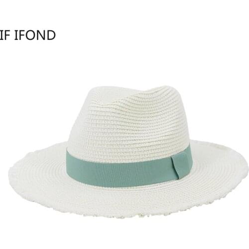 Summer Women Natural Paper Beach Sun Hat With Green Ribbon Casual Panama Straw Hat Vacation Travel Floppy Jazz Fedoras Cap