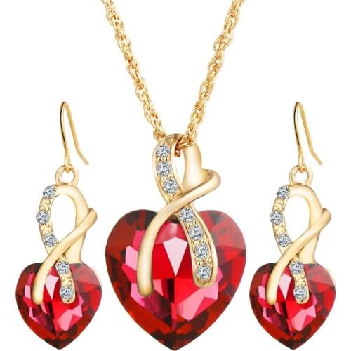 Fashion Pretty Wedding Heart Shaped Artificial Austrian Crystal Zircon Gold Plated Earrings Necklace Women Jewelry Set