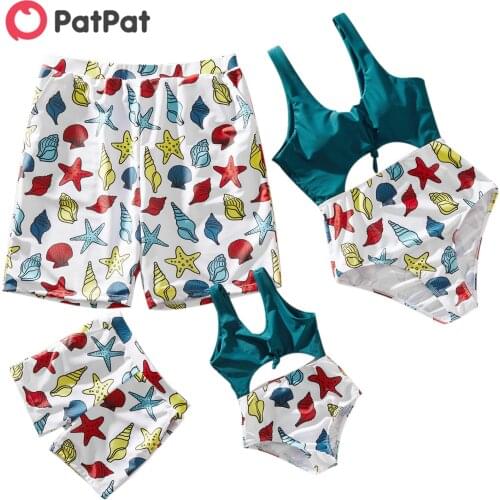 PatPat 2021 New Summer Hollow Out Cartoon Marine Life Pattern Print Stitching Solid Family Swimsuits