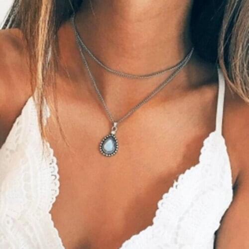 2021 New Vintage Silver Color Drop Stone Pendant Necklace Women Girl Crystal Water Drop Multilayer Necklace Jewelry Gifts