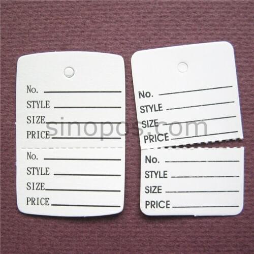 32x48mm Perforated tags, packaging paper label ticket card, white printed garment price tags, gift hang tag, 2-part control tags