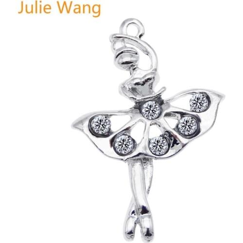 Julie Wang 5PCS Ballet Girls Dancing Charms With Rhinestones Alloy White K Necklace Pendant Bracelet Jewelry Making Accessory