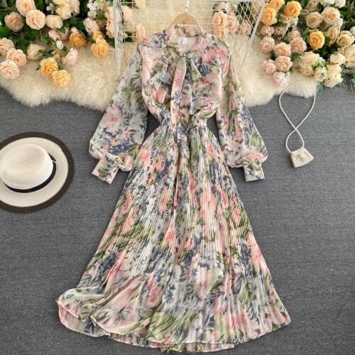Bohemian Floral Printted Chiffon Shirt Dress for Women Autumn New Lantern Long Sleeve Sashes Bow Elastic Waist Pleated Dress