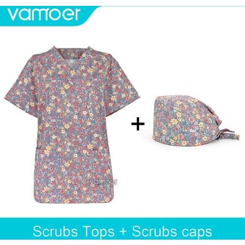 Flowers printing spa uniform beauty salon Pet shop uniform Fashion Slim Fit top scrub clothes women scrubs lab coat Cotton