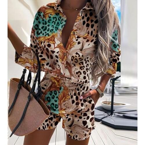 Autumn Long Sleeve Tops + Summer Pocket Shorts Suits Casual Turn-Down Collar Shirts Outfits Fashion Denim Print Women 2Pcs Sets