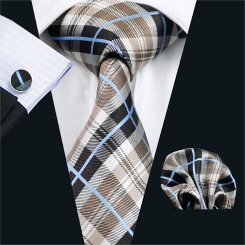 FA-382 Fashion New Mens Tie Brown Plaids Silk Jacquard Woven Gravata Necktie Hanky Cufflinks Set For Business Wedding Party