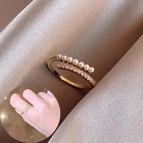 Ring For Women Delicate Mini Pearl Rhinestone Open Adjustable Ring basic Style Gold Color Fashion Jewelry