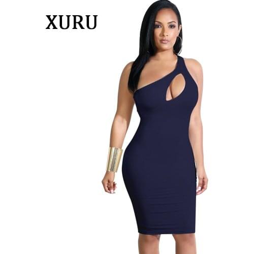 XURU Sexy One Shoulder Dress White Black Blue Sleeveless Hollow Out Knee-Length Bodycon Dresses Evening Party Club Sexy Dress