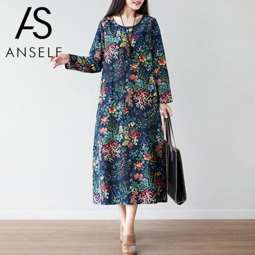 ANSELF Women Cotton Linen Dress Vintage Ethnic Dress Floral Print Long Robe O Neck Long Sleeve Pocket Plus Size Maxi Dress 2020