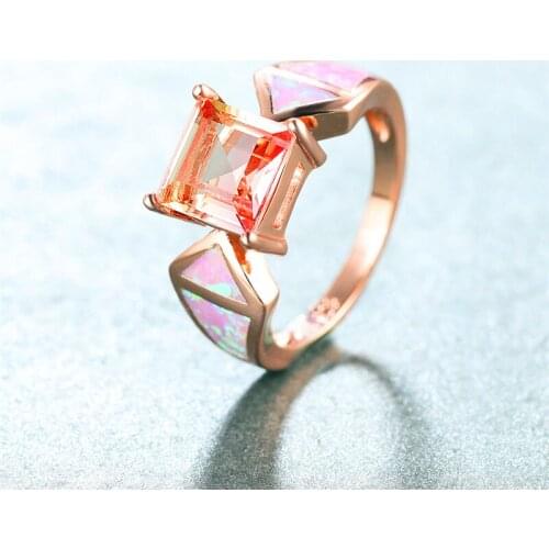 Vintage Female Pink Yellow Crystal Ring Classic Rose Gold Color Wedding Rings For Women Charm Opal Square Engagement Ring