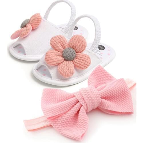 2021 Baby Girls Flower Sandals Bow head band Cute Summer Soft Sole Flat Princess Shoes Infant Non-Slip First Walkers