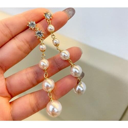 2021 New Classic Long Simulated Pearl Temperament Rhinestone Dangle Earrings For Women Fashion Jewelry Party Elegant Brincos