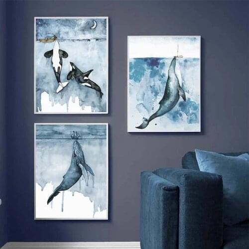 Whale Animal Poster Abstract Art Blue Ocean Landscape Canvas Painting Cuadros Wall Art Pictures Nordic Living BedRoom Decoration
