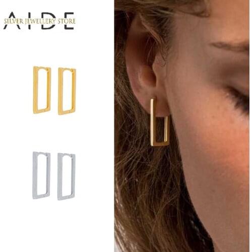AIDE Geometric 925 Sterling silver Hoop Earrings For Women Minimalism Hollow Rectangle Piercing Huggie Earings Jewelry brincos