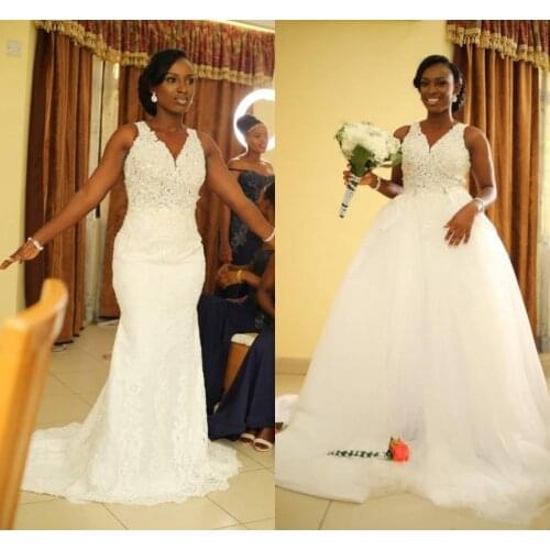 White Mermaid Wedding Dresses With Detachable Train V Neck See Through Appliques Beads African Garden Country Bridal Gowns 2022