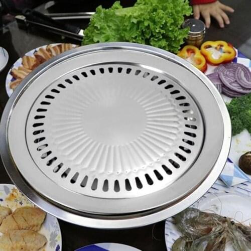 Smokeless Barbecue Grill Pan Korean Stainless Steel Bakeware Non-stick Household Round Bakeware Outdoor Grill Barbecue Tray Rack