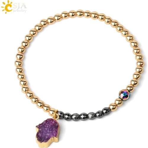 CSJA Women Bracelet Gold-color 4mm Beads Copper Chain Energy Magnetic Hematite Bracelets Men Druzy Hamsa Hand Charm Bangles F621