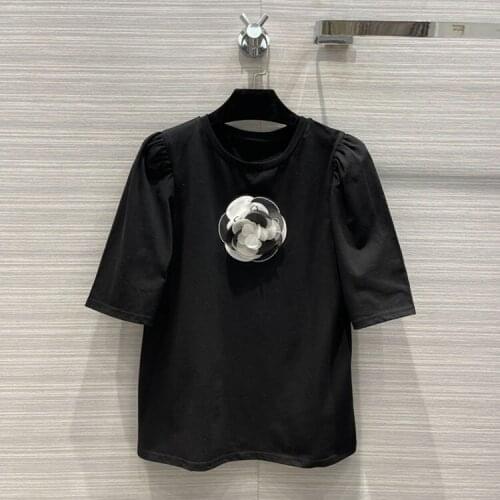 Brand Eureeky 2021 Luxury Black Puff Sleeve T-Shirt Women Spring Casual Runway Cotton T Three-Dimensional Floral O-Neck Tshirts