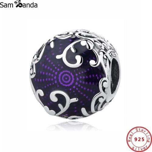 New Original 100% 925 Sterling Silver Charm Bead Regal Pattern Charms Purple Enamel Fit Bracelets Women DIY Jewelry