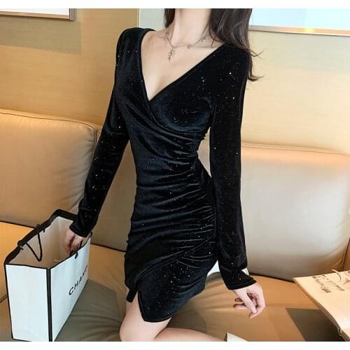 C2845 spring autumn 2021 new women fashion sexy V neck show thin velvet sparkling long-sleeved dress cheap wholesale
