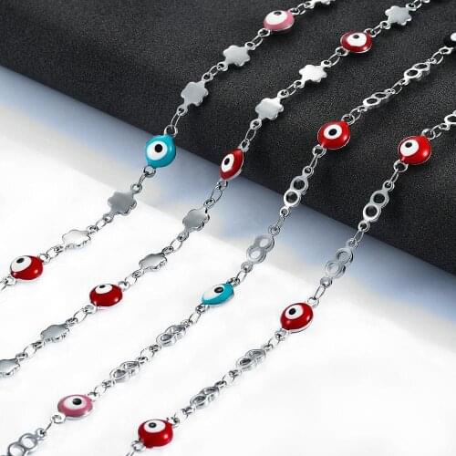 Width 6mm Stainless Steel Chain Colorful Beads Shape Charm Necklace Women Evil Eye Steel Chain Necklace Available Bracelet