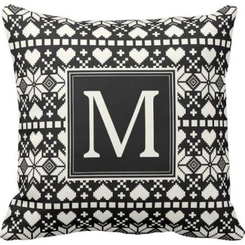 Black Personalized Initial Square Throw Pillows Cases Custom Letter Geometric Cushion Covers Nordic Holiday Heart Chic Gift 18"