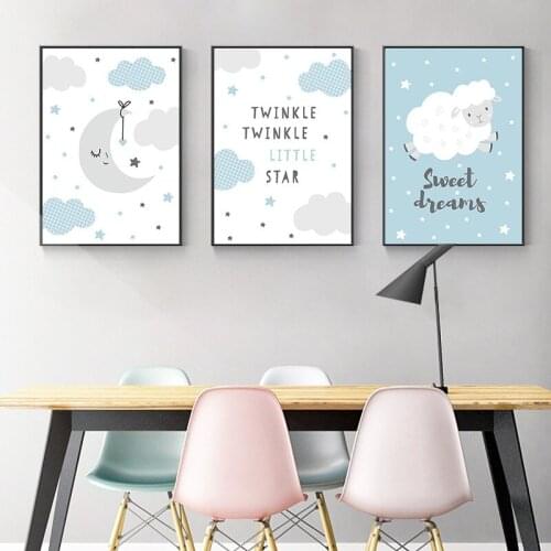 Colorful Abstract Yellow Heart Cartoon Elephant Moon Cloud Star Text Canvas Painting Wall Picture Poster Living Room Decoration