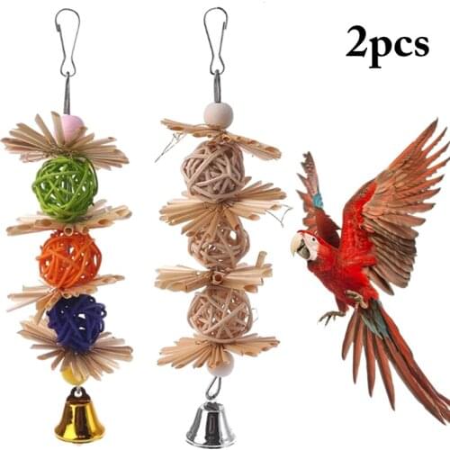 2PCS Bird Colorful Rattan Ball Creative Woven Bird Chew Toy Parrot Hanging Toy with Bell Natural Rattan Hanging Funny Toy