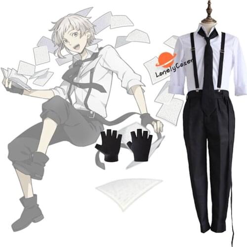 Disfraz de Anime de perros callejeros Bungou Nakajima Atsushi, Cosplay, peluca corta, camisa con corbata, pantalones, guantes