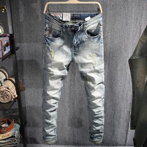 European Street Fashion Men Jeans Retro Light Blue Elastic Slim Ripped Jeans Men Korean Embroidery Designer Denim Pencil Pants