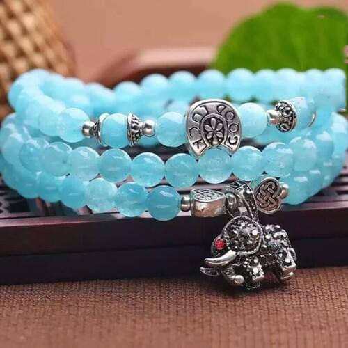 JoursNeige Blue Crystal Bracelets Beads 6mm Lucky Tibetan Silver Elephant Pendant for Women Crystal Bracelet Multilayer Jewelry