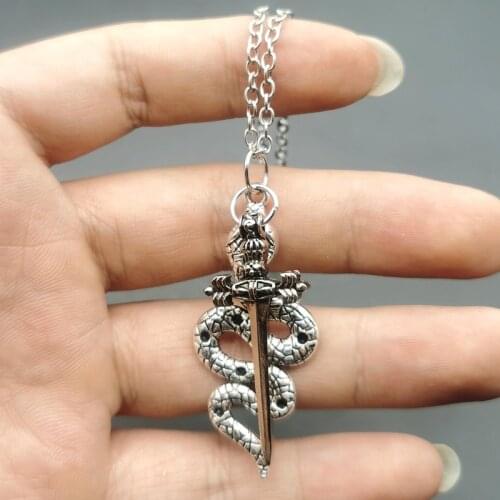 Dagger and Snake Crystal Dangle Necklace, Sword, Vampire Gothic Dagger Alternative Goth Witch Sword Jewelry