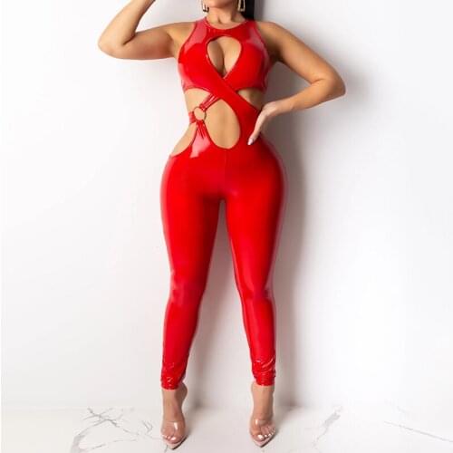 OMSJ Women Sleeveless Patchwork Hollow Out Fashion Jumpsuit 2021 Sexy PU Leather Overalls Streetwear Outfits Bodycon Rompers New