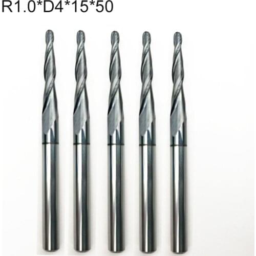 10pc HRC55 R1.0xD4x15x50mm Tungsten carbide Tapered Ball Nose end mill CNC 3D engraving router bits milling cutter wood metal