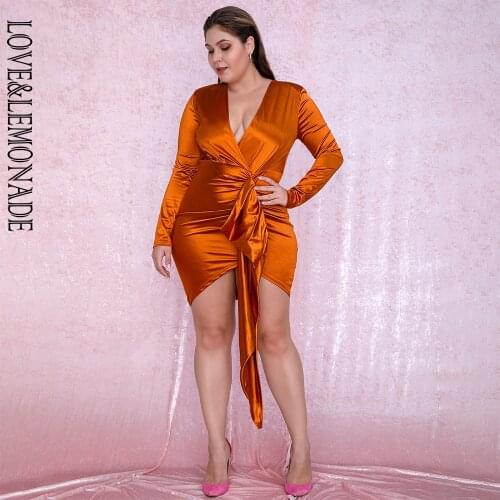 LOVE&LEMONADE PLUS SIZE Sexy Orange V-Neck Shirring Streamer Decoration Bodycon Party Dress LM81639Plus