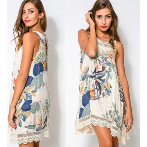 Fashion Print Dress Round Neck Sleeveless Lace Dress Mini Dress