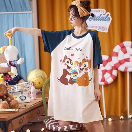 Cartoon Outside Pajamas Maternity Home Service Female Summer Nightdress Long Section Over The Knee Loose Large Size