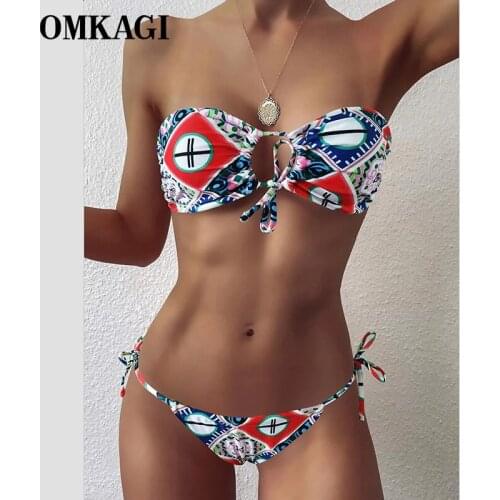 OMKAGI Bikini 2021 Print Brazilian Swimwear Sexy Push Up Bandage New Bikinis Set Swimming Bathing Suit Beachwear Swimsuit Women