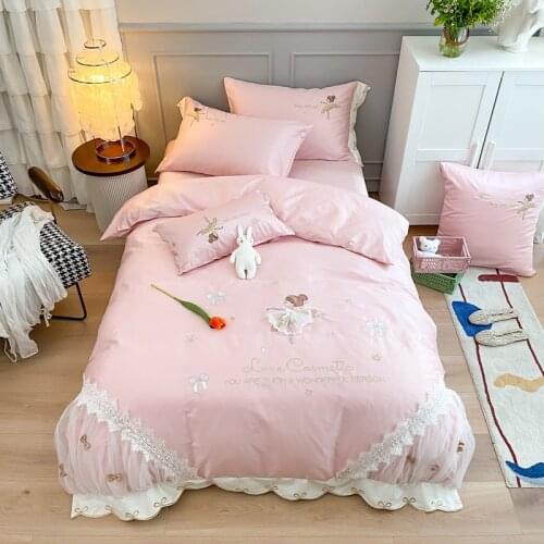 Pink Egyptian Cotton Dancing Ballet Girl Lace Embroidery Princess Bedding Set Duvet Cover Bed Sheet Pillowcases Home textiles