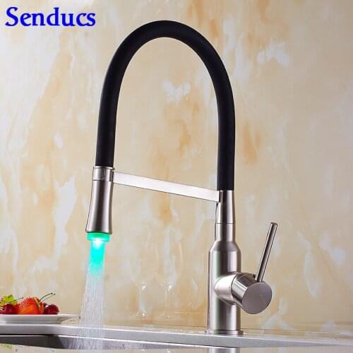 Senducs LED Kitchen Faucet Quality Brass Pull Out Kitchen Sink Faucet Luxury LED Bathroom Basin Faucet Fashion Home Kitchen Tap