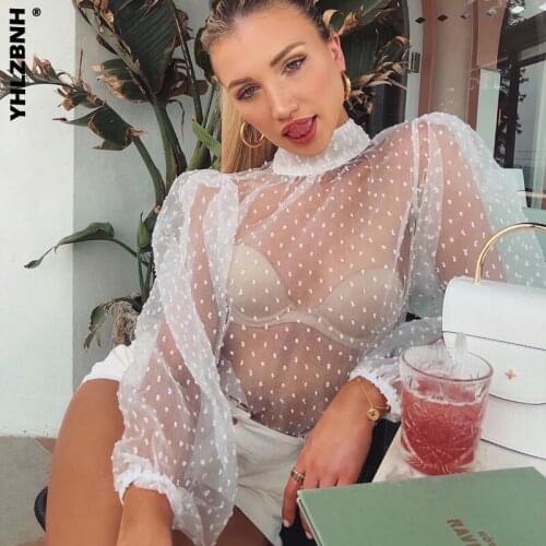 YHLZBNH Women Mesh Sheer Polka Dot Print Shirts Blouses Long Sleeve Hollow Out Thin Lace Bottoming Shirt Fall Autumn Clothes
